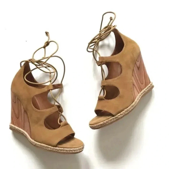 Tory Burch Raya Suede Lace Up Wedges Heeled Heels Tan Brown Open Toe Sandals 9.5 - Picture 1 of 10